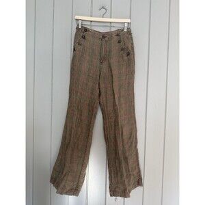Sundance Pants 2 Brown Plaid 100% Linen Eliot Straight Leg Trousers Buttons